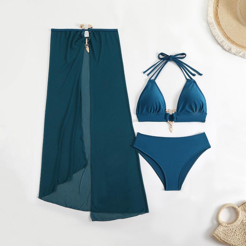 

New European and American Three-piece Swimsuit, Solid Color Metal Buckle Long Yarn Women s Split Bikini Swimsuit XL peacock синього кольору