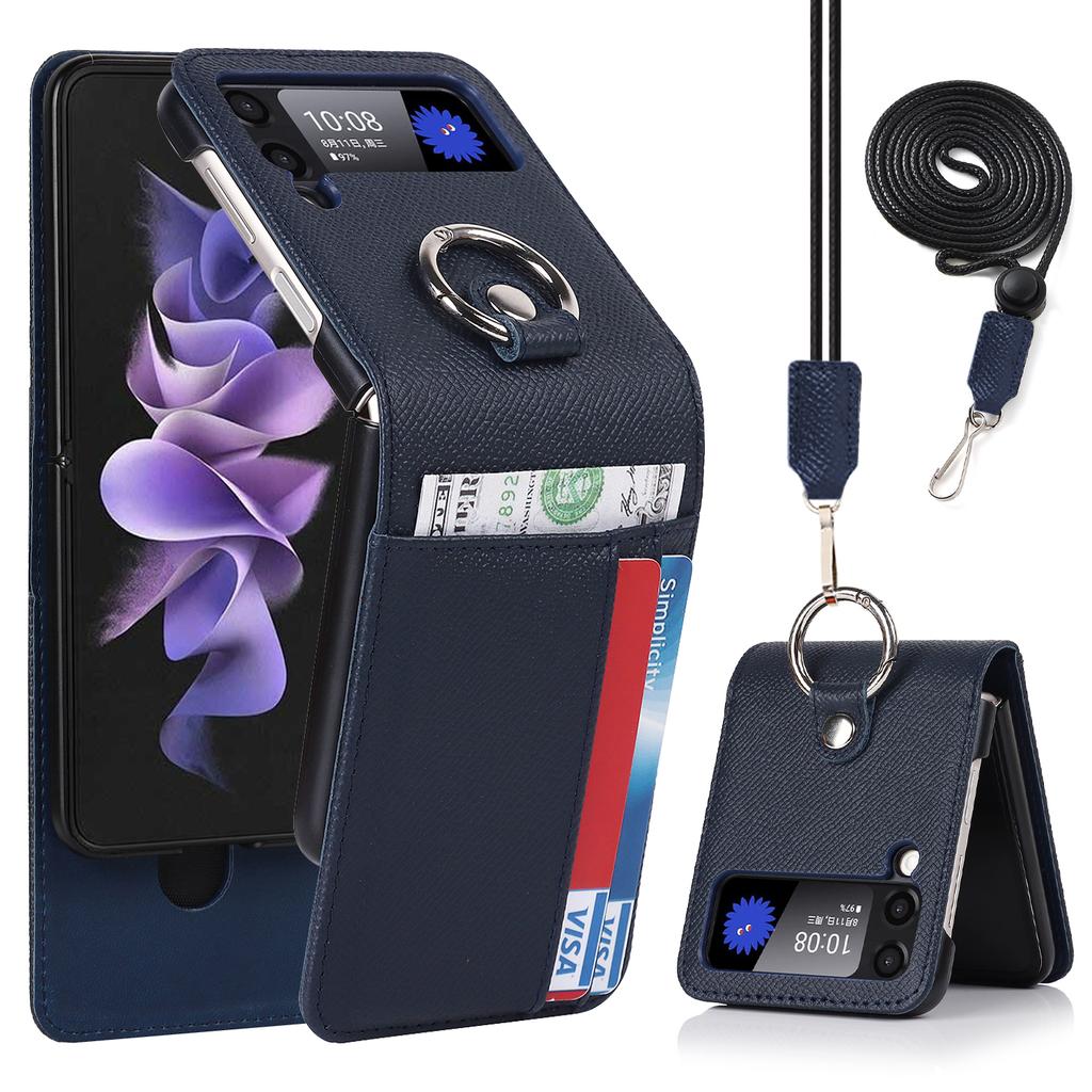 Ring Holder Genuine Leather Wallet Phone Case for Samsung Z Flip 4 3 5G Card Solt Crossbody Lanyard Shockproof Flip4 Flip3 Cover