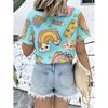 Women's Casual Short-sleeved Button-up Shirt Cartoon Stationery Rainbows Flowers Blue Background Trendy Top Machine Washable