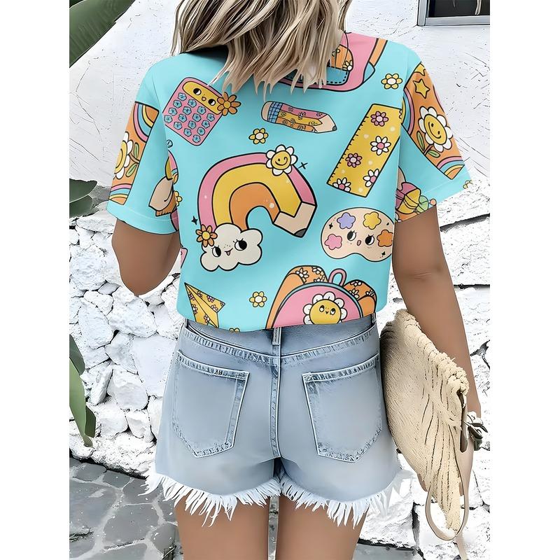 Women's Casual Short-sleeved Button-up Shirt Cartoon Stationery Rainbows Flowers Blue Background Trendy Top Machine Washable