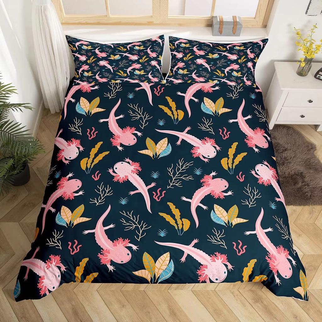 Karton Axolotl Weiches Bettbezug-Set Süßes Salamander-Bettwäsche-Set Kawaii Tierdecke Warme Deckenbezug für junge Jungen junge Mädchen Frauen Schlafzimmer Dekor