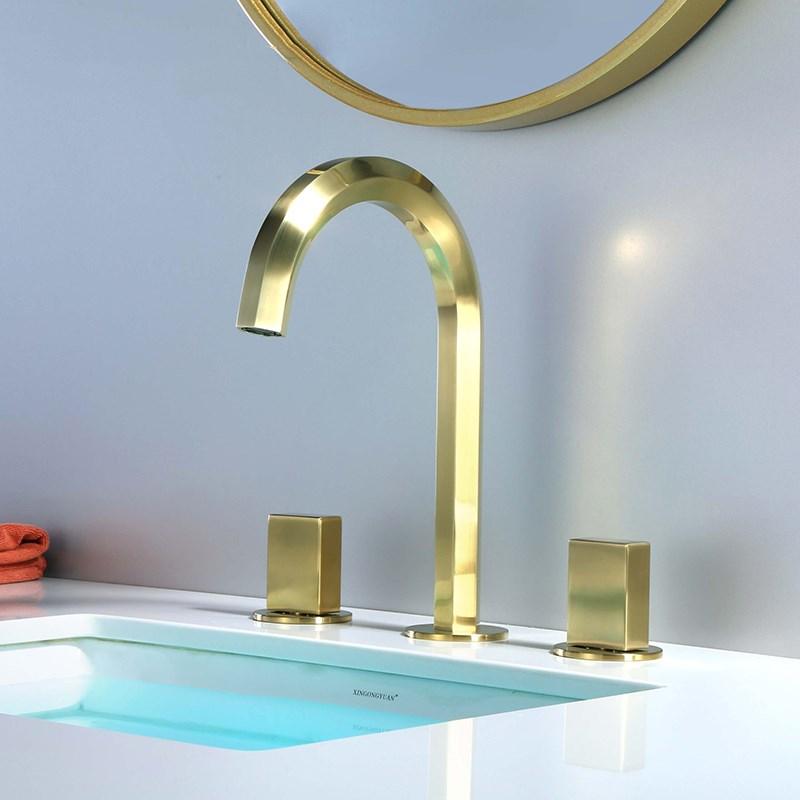 

New Bathroom Basin Faucet 8 inch Widespread Lavatory Mixer Tap Brass Three Hole Sink tap Brush gold sink faucet