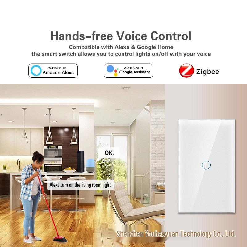 US Standard Zigbee Smart Glass Switch with Alexa Voice Control, App Support, and Customizable Single Zero Fire Switch