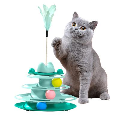 1pcs 3-Layer Feather Cat Turntable with Fun Toy Ball and Playing Stick - Interactive Toy for Cats