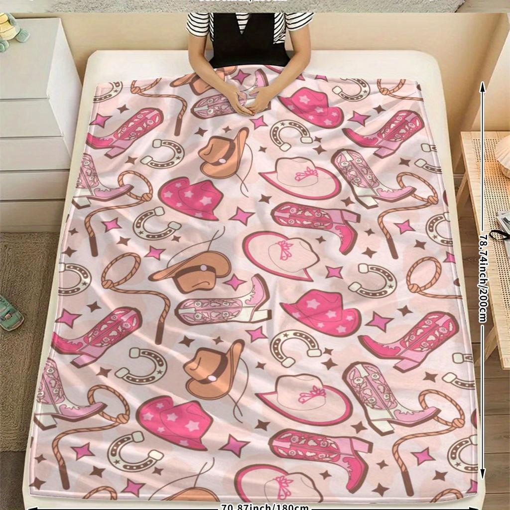 1pc Western Cowgirl Hat & Boot Print Flannel Throw Blanket - Soft, Cozy, Warm Pink Digital Print Cover for Couch, Sofa, Bed