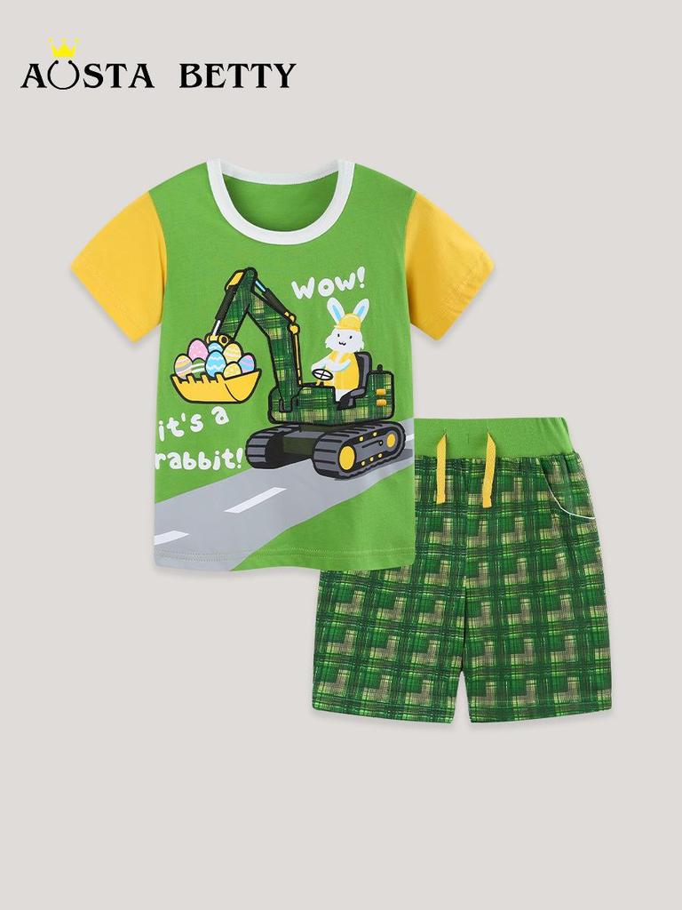 Plaid Boys' Shorts & Excavator Print Shirt Set - Summer Two-Piece Outfit