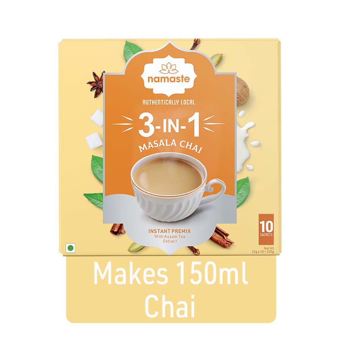 

Namaste Chai Instant Tea Premix, Masala Chai | Assam |Ginger, Clove, Cinnamon, Nutmeg & Cardamom | Milk And Sugar | Ready Mix (22gm X 10 Sachets,
