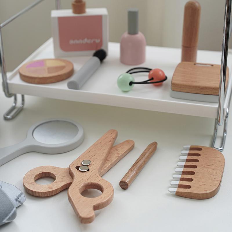 Kids Makeup Set Hairdressing Simulation Wooden Beauty Fashion Combs Hair Dryer Pretend Play Barber Makeup Kit Girl Toy