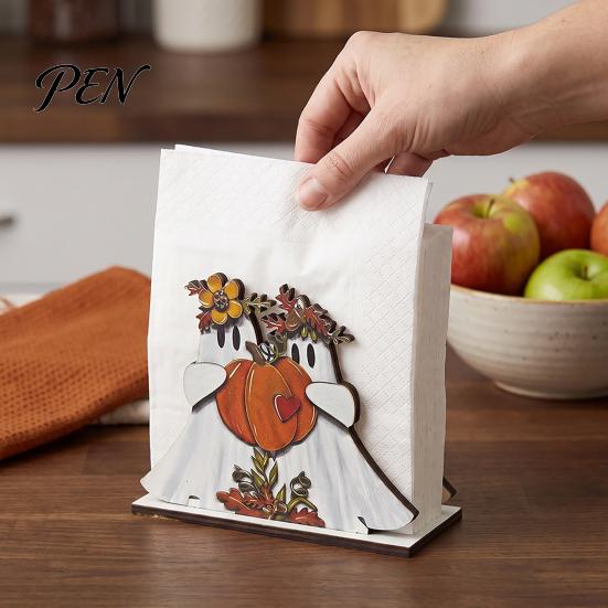 Seasonal Party Gift Halloween Wooden Napkin Holder, Ghost Black Cat Decorative Tabletop Tissue Stand Dispenser, Paper Towel Holder for Holiday Dining