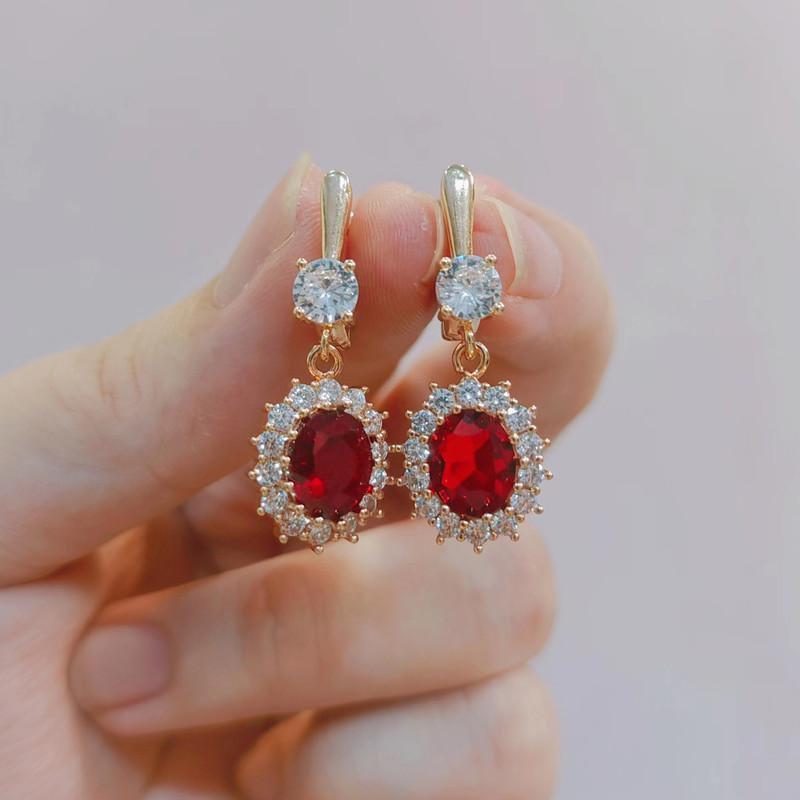 Red Oval Crystal Zircon Drop Earrings for Women 2023 New Gold Color Wedding Engagement Party Jewelry Accessories