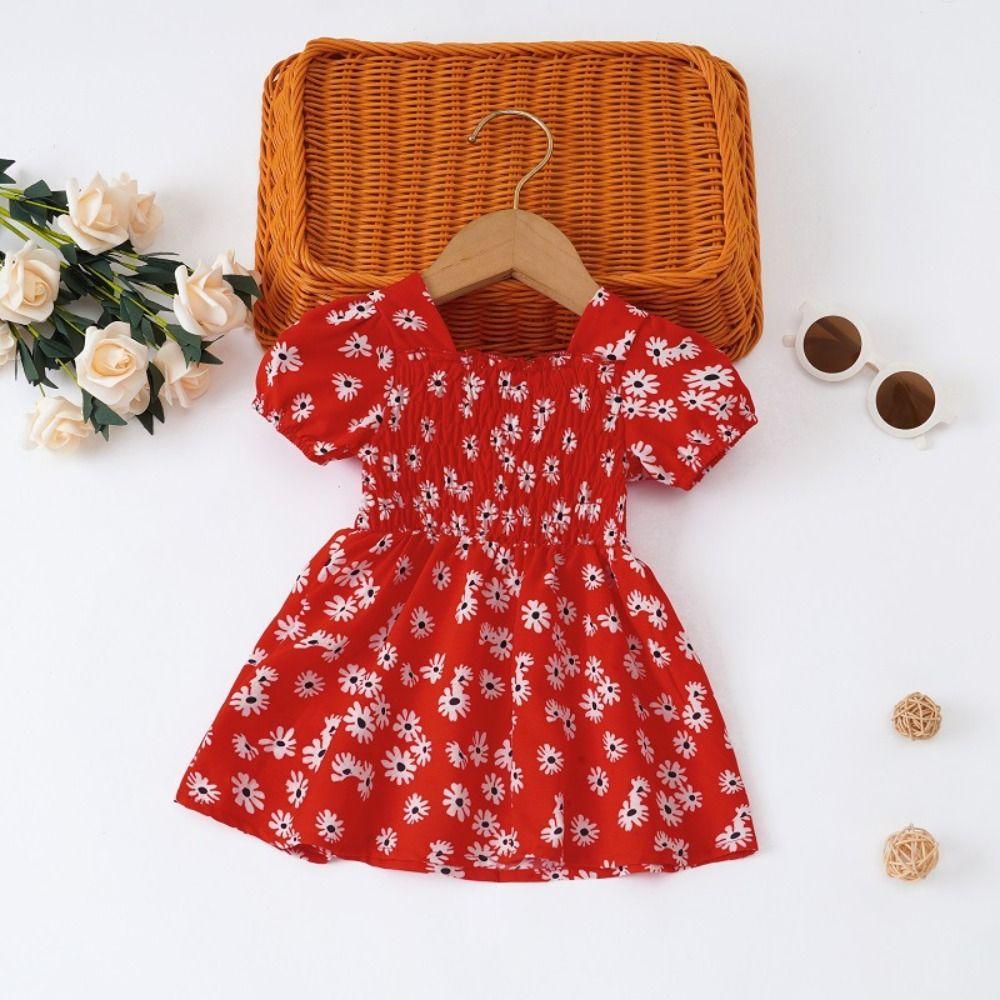 Square Collar Summer Flower Dress Party Toddle Dress Elegant Baby Girls Princess Dress  Holiday