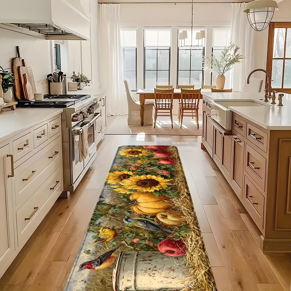 Pastoral Sunflower Pumpkin Bird Harvest Long Runner Rug Floor Carpet Doormat Home Decor Mat for Bathroom Sink Side