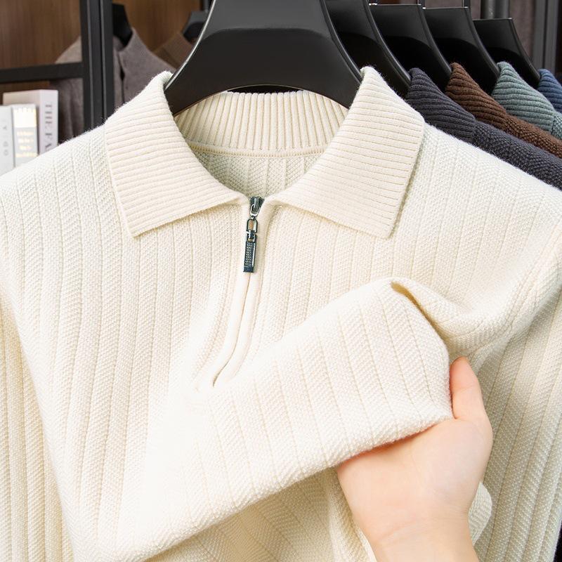 Men's Mid-Aged Half-Zip Knit Polo Shirt - Thick Solid Color Sweater for Autumn and Winter