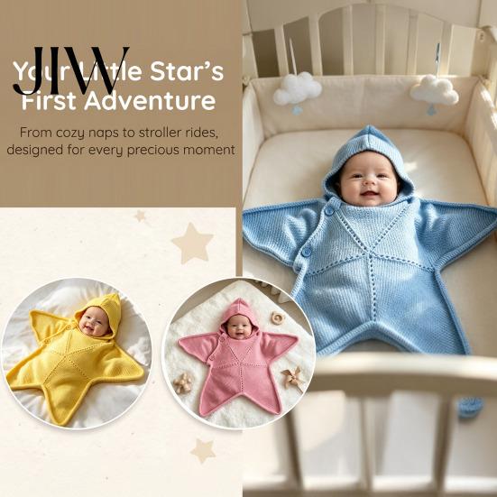 Breathable Nursery Bedding Starfish Baby Sleeping Bag, Knitted Swaddle Sleep Sack with Hood, Soft Knit Cocoon Cozy Star Shaped Infant Wearable