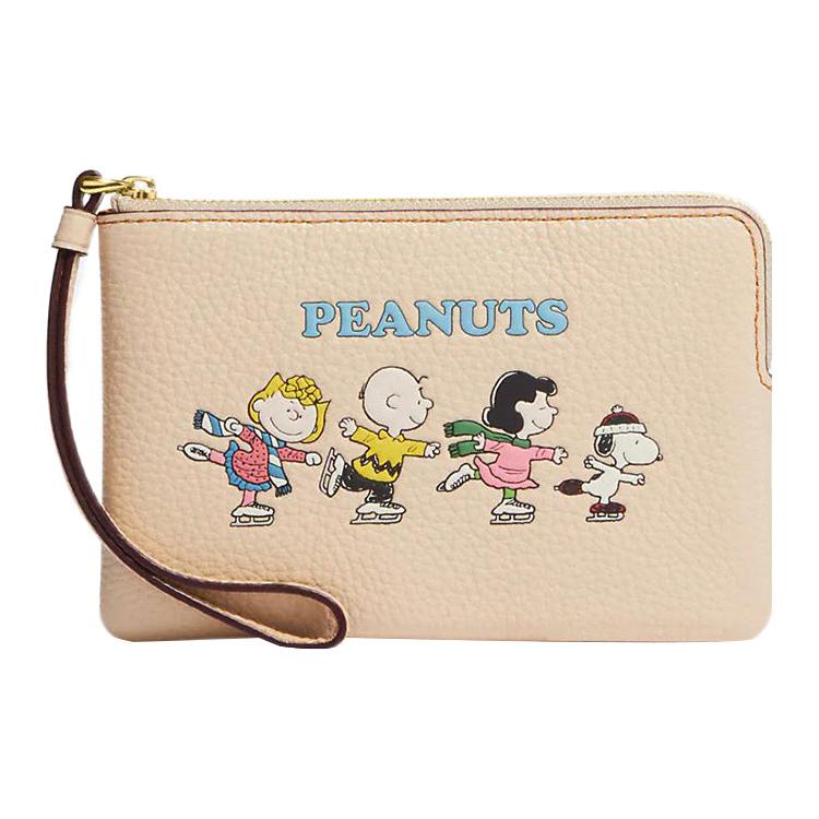 New COACH Peanuts Snoopy Collaboration Wristlet Pebbled Leather Wrist Bags Clutches Small Size Women's Ivory White CF213-IMOQY
