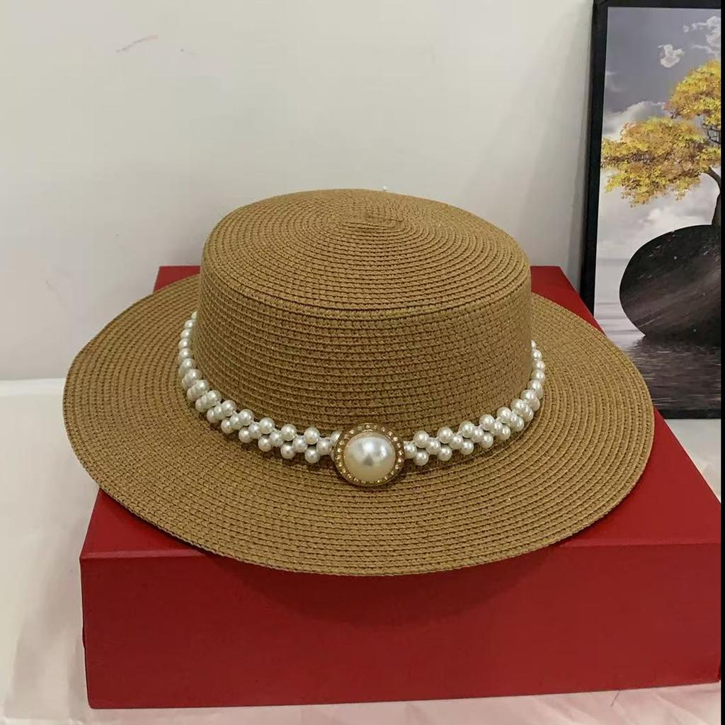 French Elegant Retro Pearl Grass Hat Women's Spring Summer Fashion Internet Celebrity Temperament Flat Top Niche Top Hat Tide Self