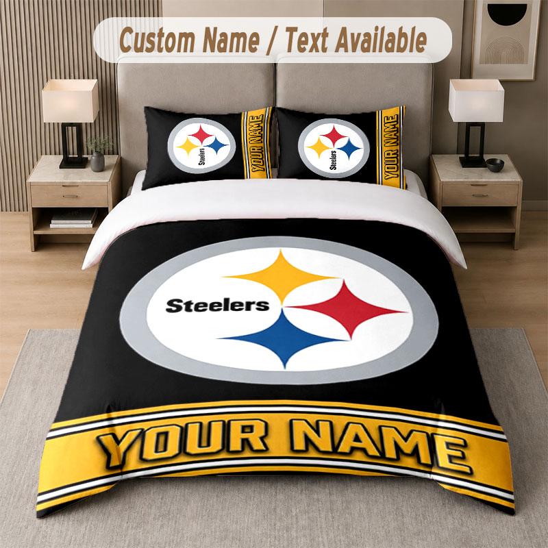 Custom Bedding Set Pittsburgh Steelers Pattern, Print Name Text 1 Duvet Cover Plus 2 Pillowcases Home Textile