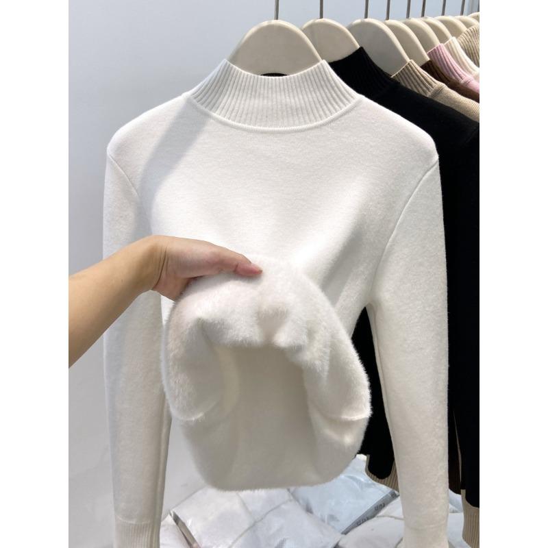 Winter integrated velvet thickened turtleneck knitted bottoming shirt women's warm inner top soft waxy basic sweater