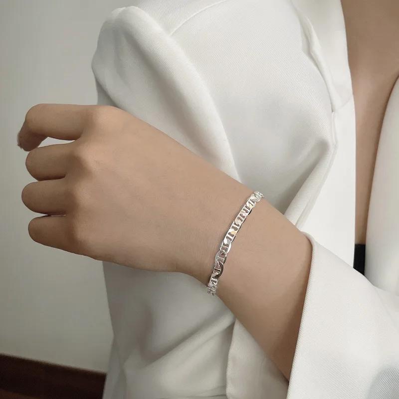 Simple Bracelet 925 Sterling Silver Women s Bracelet 6MM Flat Chain 18K Gold Jewelry Party Engagement Gift серебряный