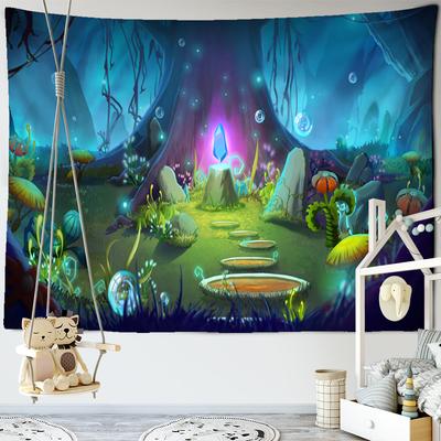 Arazzo da parete con foresta psichedelica dei cartoni animati, stile boho, kawaii, arte estetica, decorazione per la casa, dormitorio