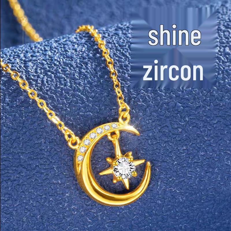 Vietnam Sand Gold Diamond Star & Moon Necklace – Gold-Plated Brass Pendant, Women's Minimalist Luxury Design