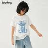 Girls' White Cartoon Cat Loose-Fit Round Neck T-Shirt