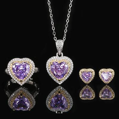 Autumn And Winter Jewelry High Carbon Diamond Ice Flower Cut Purple Diamond Copper Inlaid Heart Set 10 * 10-6 * 6