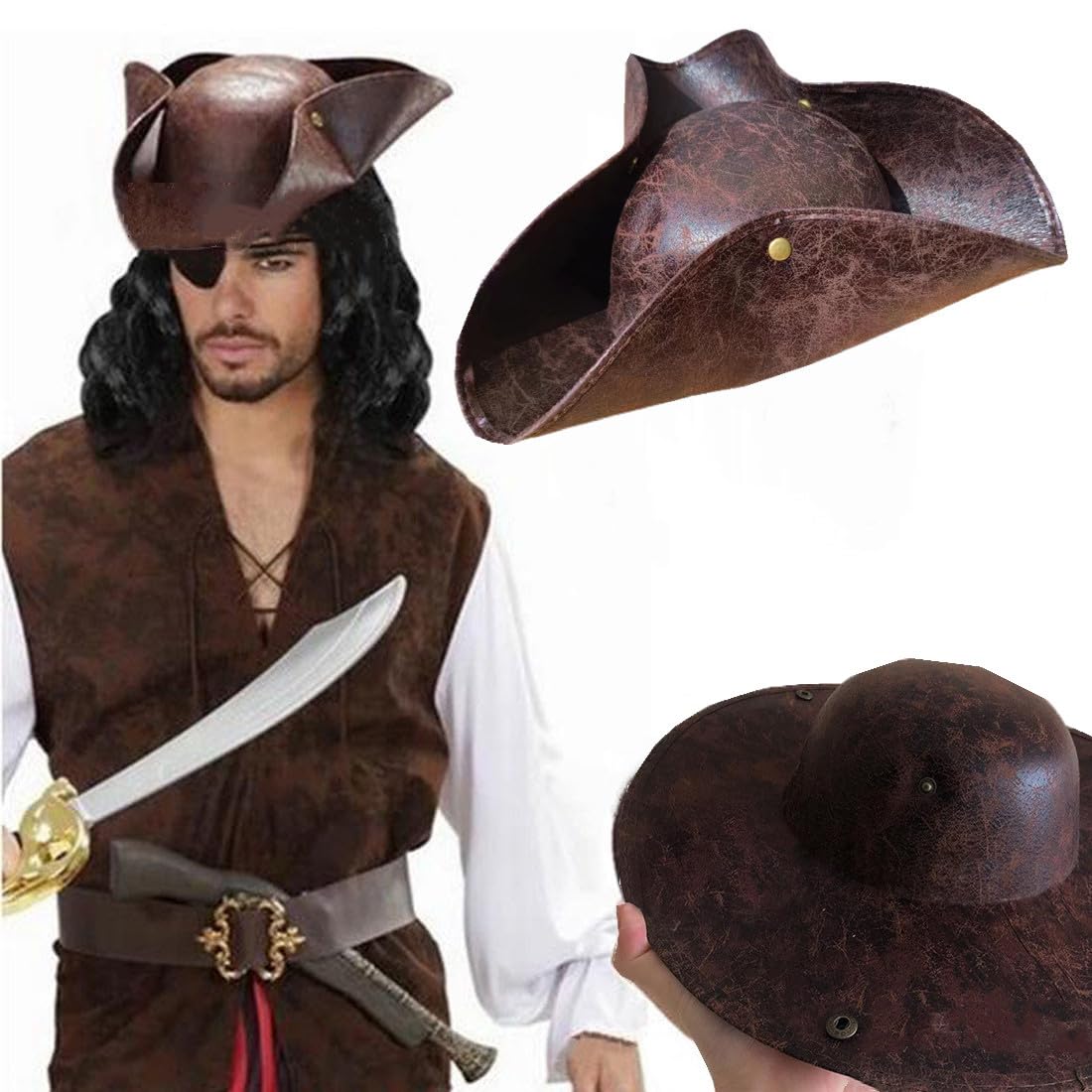 

XGOPTS Пиратский косплей Карибский капитан Джек ПУ кожа Треуголка Костюм на Хэллоуин Новый Сцена и Коричневая шляпа, Шляпа, Кепка, Реквизит, Рождество, Мероприятия,