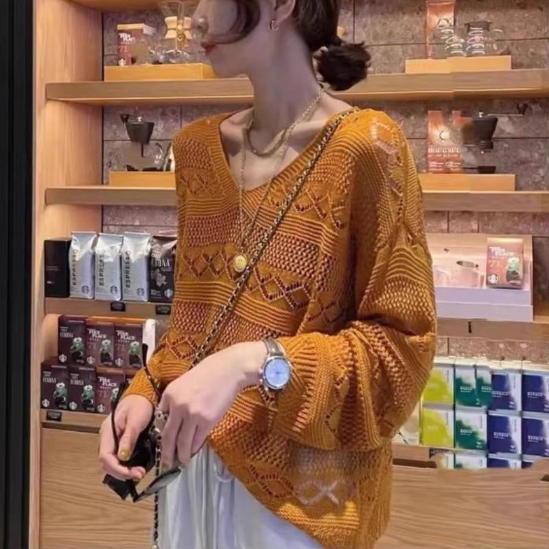 Spring Thin Long Sleeve Hollow Casual Knitted Sweater Women Elegant Solid Fashion Loose Pullover Sweaters Women Summer New Slim Simple Knitwear 26590