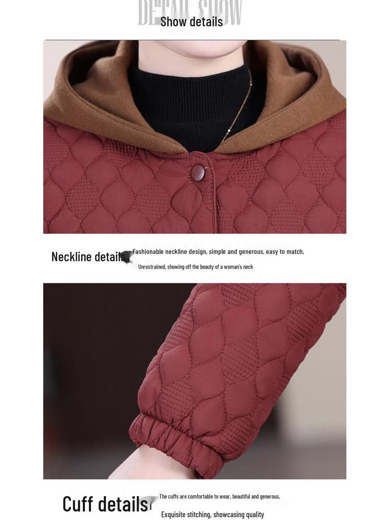2025 Autumn/Winter Women's Diamond Pattern Hooded Cotton Coat - Warm Color Block Jacket for Middle-aged and Elderly Mothers