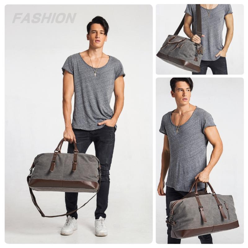 Simple Men Canvas Travel Bag PU Leather Outdoor Sports Gym Fitness Bag Large Capacity Multiple Pockets Handbag Weekend Carry On Duffel Bag