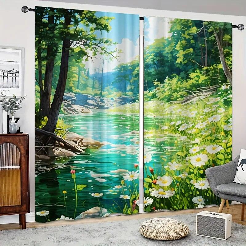 2ks River Mountain Meadow View Závěs Okno Závěs Venkovní přístřešek Dekorativní gobelín Kancelář Ložnice Kuchyň Obývací pokoj
