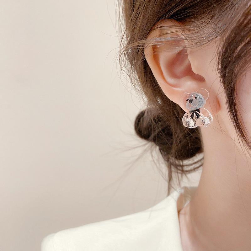 Korea Cute Teenage Girl Heart Transparency Little Bear Earrings Unique Design Simple Jewelry Party Birthday Gift