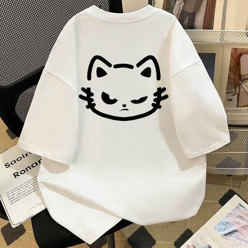 Pure Cotton Korean Vintage Cat Print ShortSleeved TShirt Couple Style Summer Casual Loose Top For Unisex And Unisex