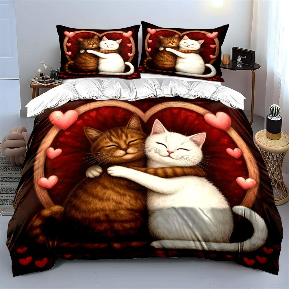 Cute Hugging Orange White Cat Red Heart Frame Bedding Set 3pcs Valentine Lovely Kitten Couple Warm Print Bed SetRomantic Gift