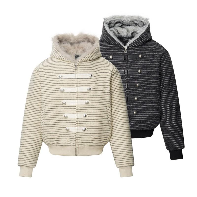 Winter Fleece Cotton Padded Hooded Jacket Striped Zip-up Streetwear Teens
