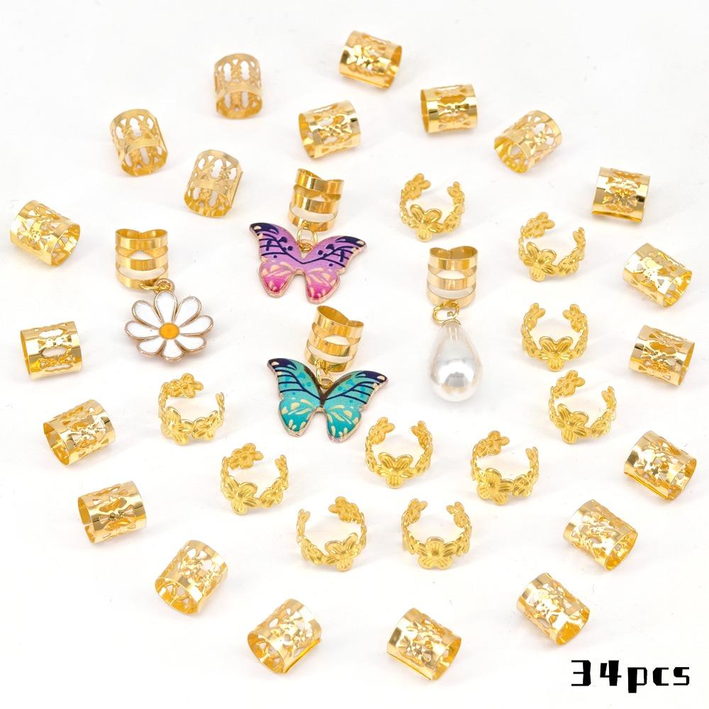 34pcs Butterfly Dreadlocks Beads Dread Locks Hair Braid Tubes Gold Hollow Out Hair Ring  Decor