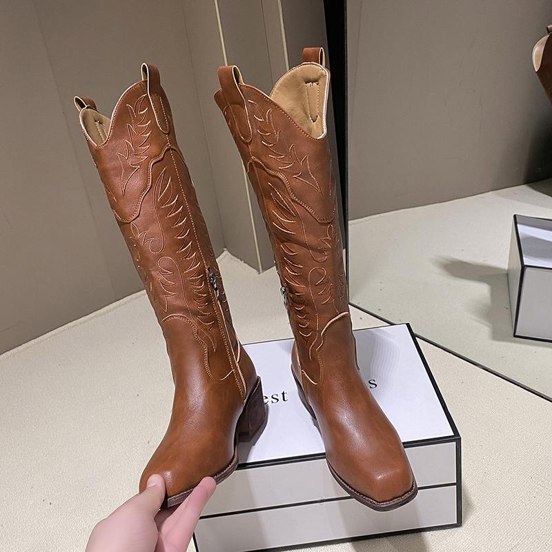 Women Fashion Slip On Knight Boot Ladies Autumn Winter Thick Sole Knight Boots Pointed Toe Square Heel Embroidered Cowboy Boots