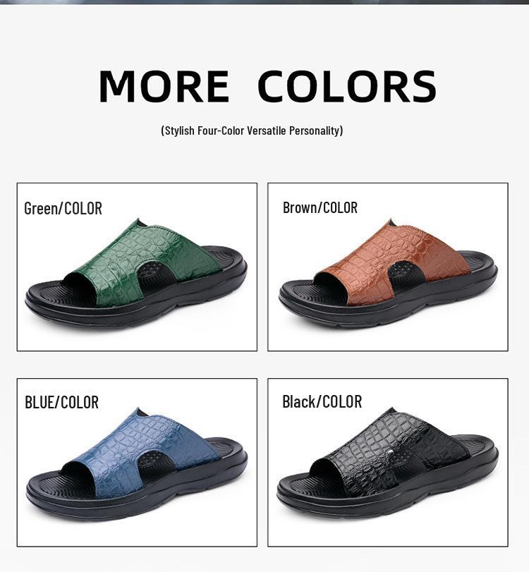 Men's Crocodile Pattern Leather Beach Sandals - Non-slip, Wear-resistant, Soft Sole, Summer Slippers (Size 46)