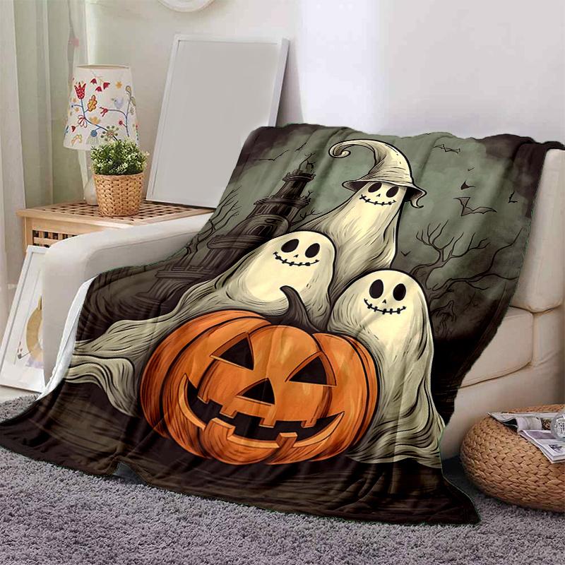 1pc Ghost With Pumpkin Drawing Blanket, Home Decorative,Living Room, Travel, Camping, Car Blankets