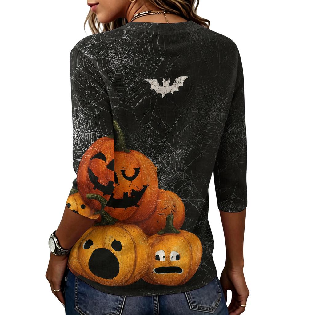Women's Casual Loose Fit Half Sleeve Top Round Neck Lightweight Comfortable Halloween Pumpkin Print Shirt for Everyday Wear