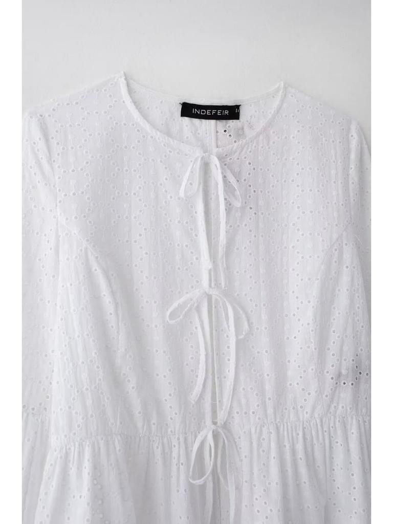 Summer Women's Casual Hollow Embroidery Shirt & Shorts Set