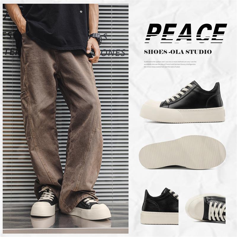 European Shoes for Men Genuine Leather Casual Platform Shoes Trend Thick-soled Flat Skateboard Shoes Lace-up Chunky Sneaker