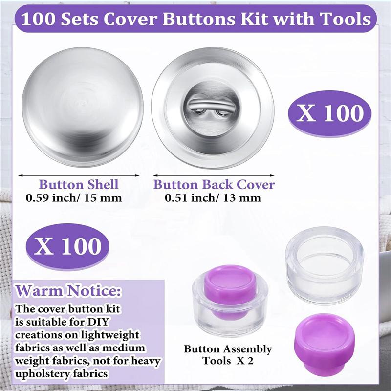 ABWR-300 Sets Cover Buttons Kit With Tools Size Buttons To Cover Self Cover Buttons DIY Fabric Cloth Cover Buttons 0.59 Inch
