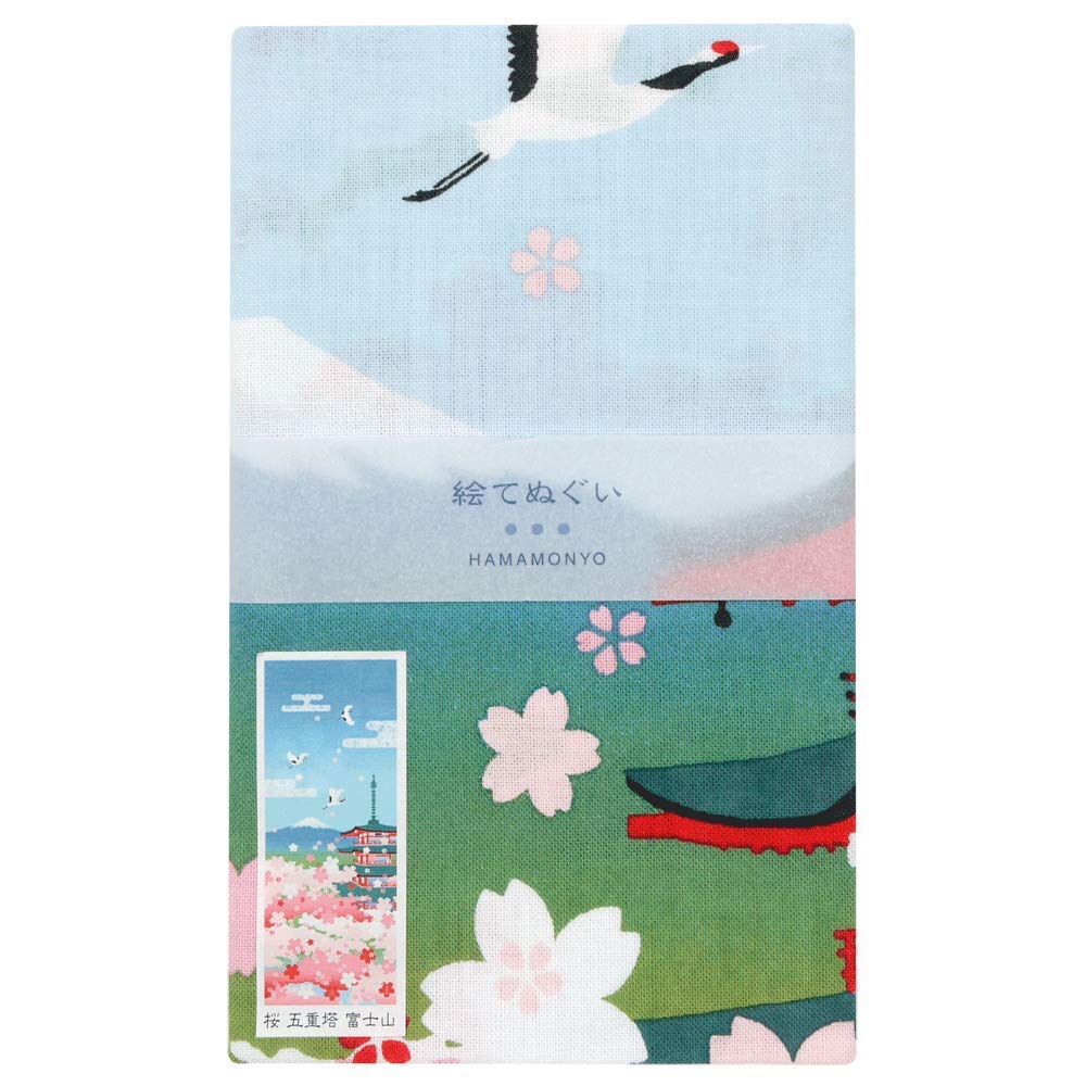 Hamamonyo Hand Towel with Cherry and Mount Fuji Blossoms, Five-Story Pagoda,