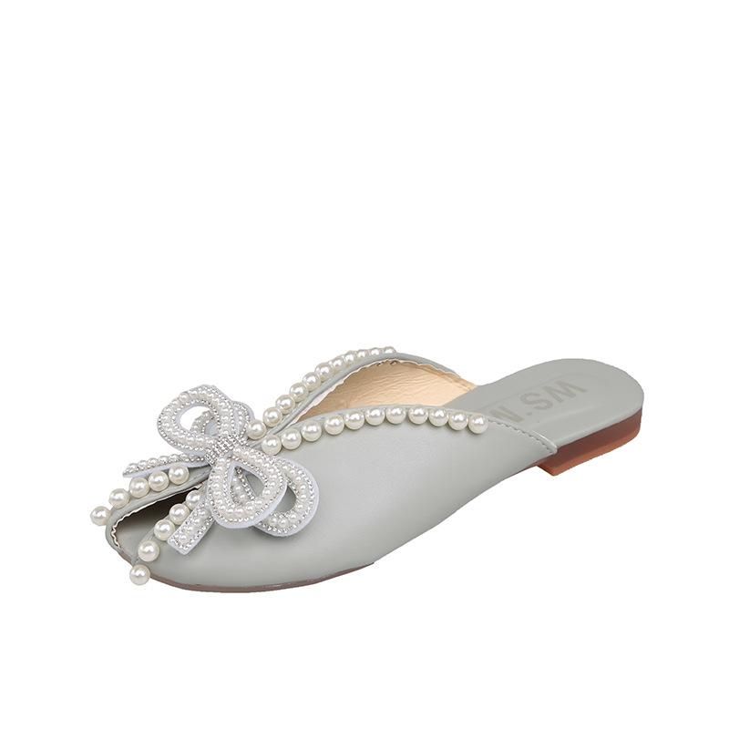 Baotou Half Slippers Women's Summer Wear New Versatile Flat Bottom Pregnant Women French Pearl Bow Fish Mouth Sandals