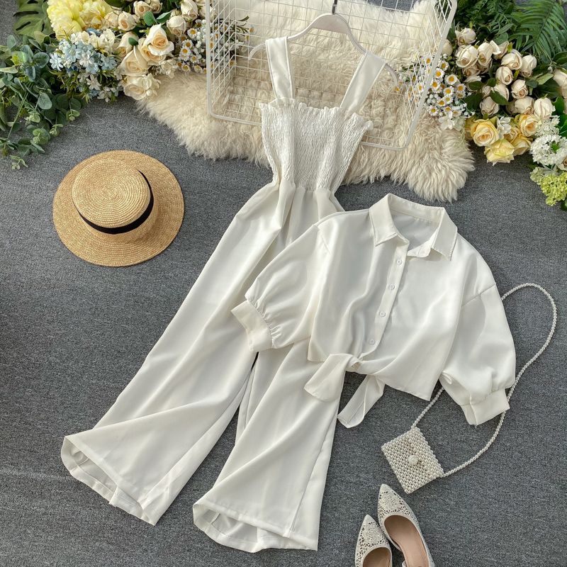 Vacation Style Pleated Wide Leg Jumpsuit Stand Collar Two-Piece Set