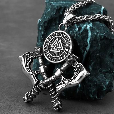 Severský Viking Warrior Dvojitá sekera Nerezová ocel Přívěsek Náhrdelník Pánský Valknut Runová řetízková bižuterie Pánská