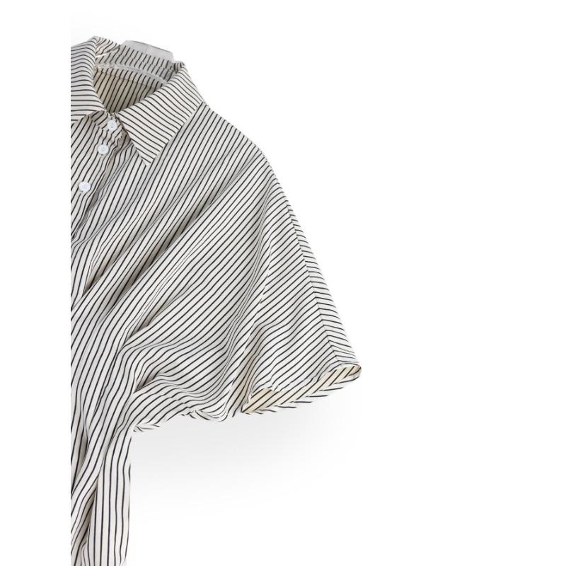 Summer New Women's Design Waist Shirt Casual Versatile Striped Pleated Slim Top