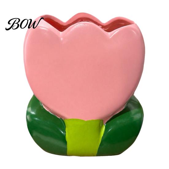 Office Desk Accessories for Women Tulip Makeup Brush Holder, Resin Cosmetic Organizer Vanity Desk, Cute Flower Pen Floral Stationery Cup